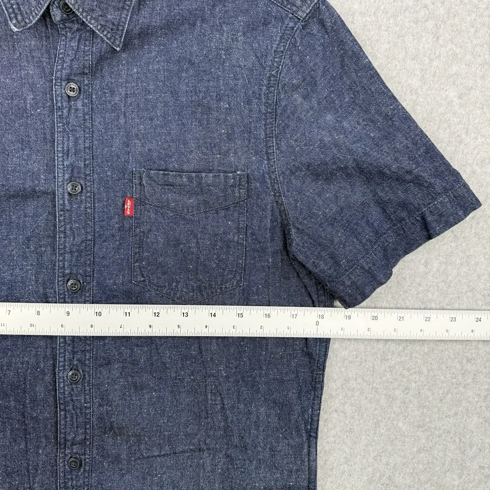 Levis Shirt Mens Small Blue Denim‎ Hemp Blend Button Up Short Sleeve Casual